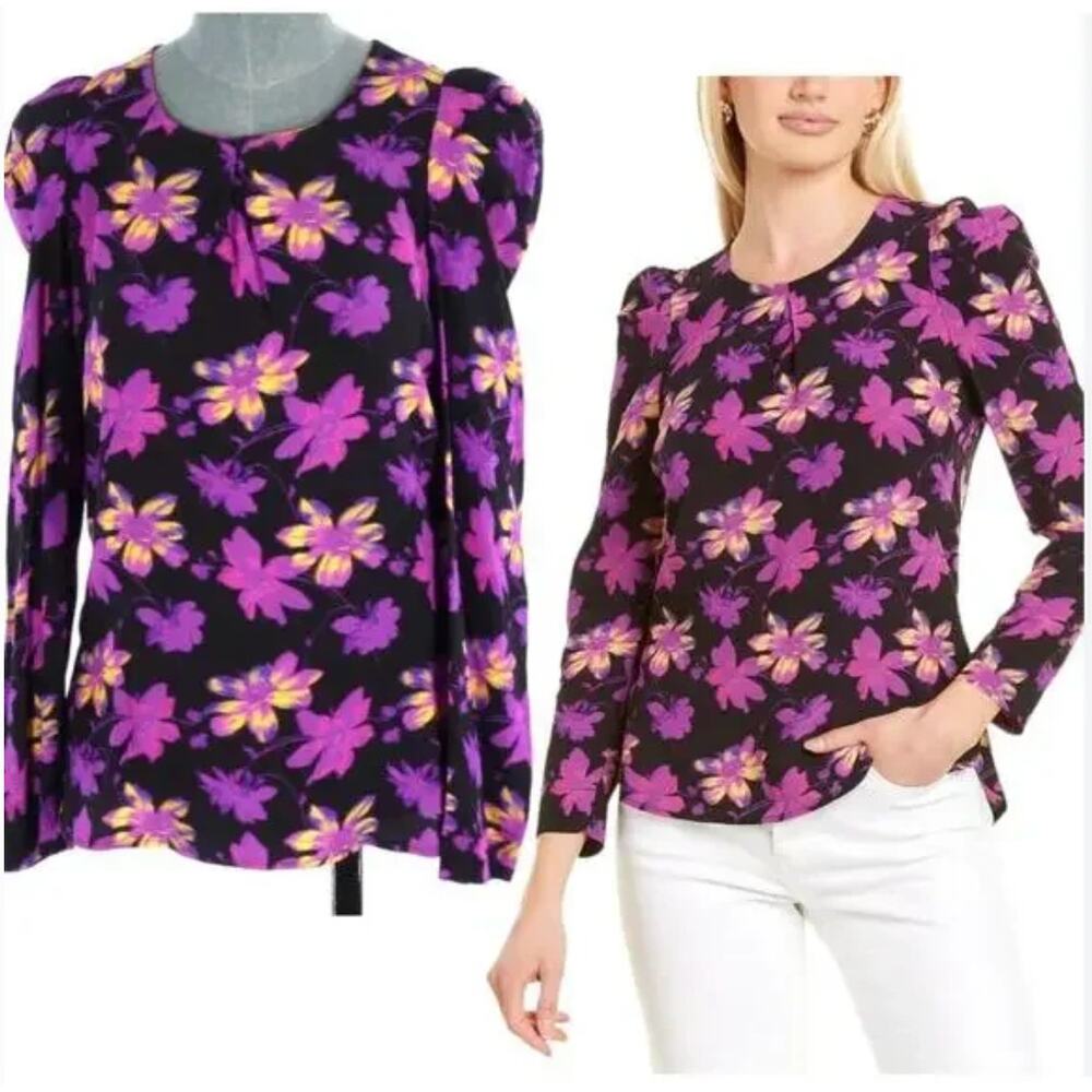 Maje Floral Blouse Womens Large Long Sleeve Top Puff Shoulder Career Feminine